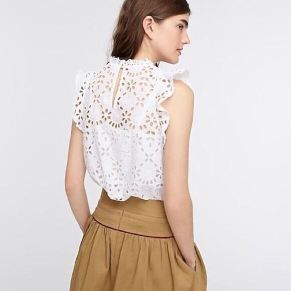 J. Crew mock neck top in allover embroidered eyelet ruffle trim top. NWT. XS. - Picture 2 of 8